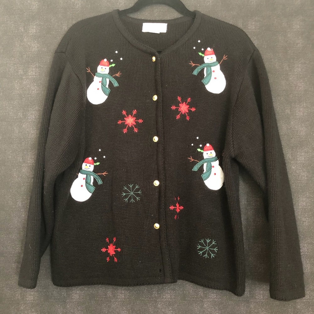 Croft and Barrow Christmas Snowman Black Cardigan
